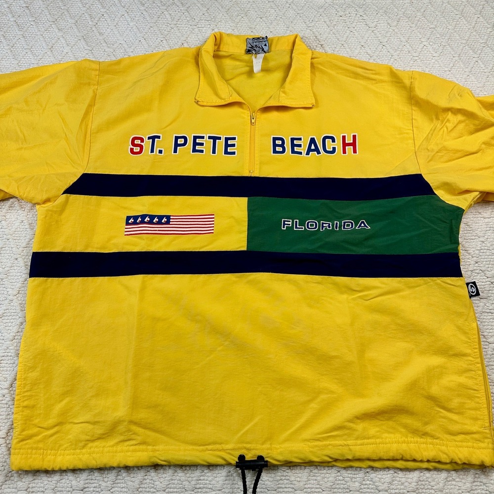 Vintage Surf Style St Pete Beach Windbreaker Yellow Quarter Zip Pullover Mens XL